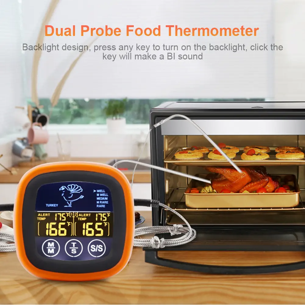 Digital Meat Kitchen Thermometer Waterproof Touch Screen Meat Temperature Probe Thermometer with Timer Mode for Grilling Kitchen