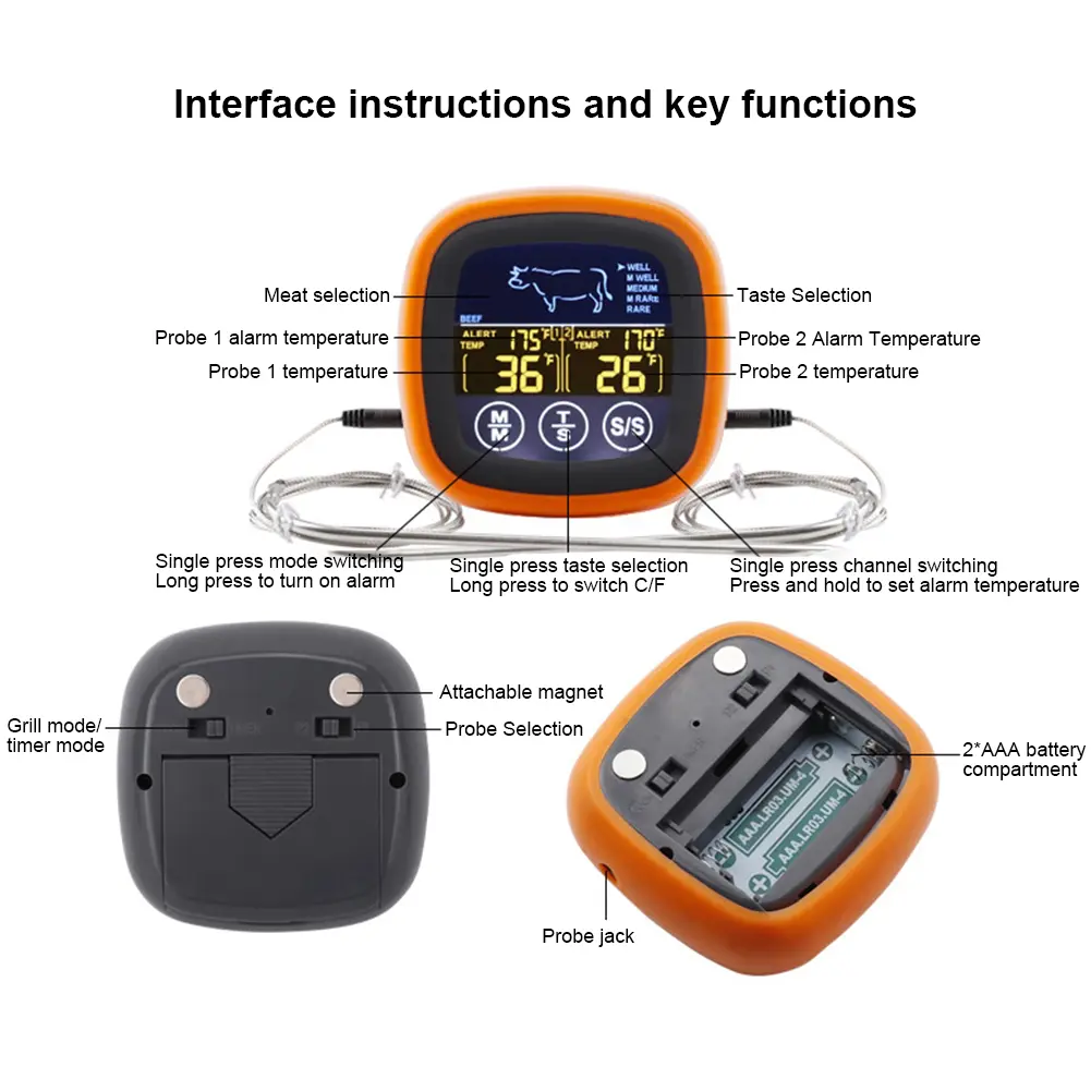 Digital Meat Kitchen Thermometer Waterproof Touch Screen Meat Temperature Probe Thermometer with Timer Mode for Grilling Kitchen