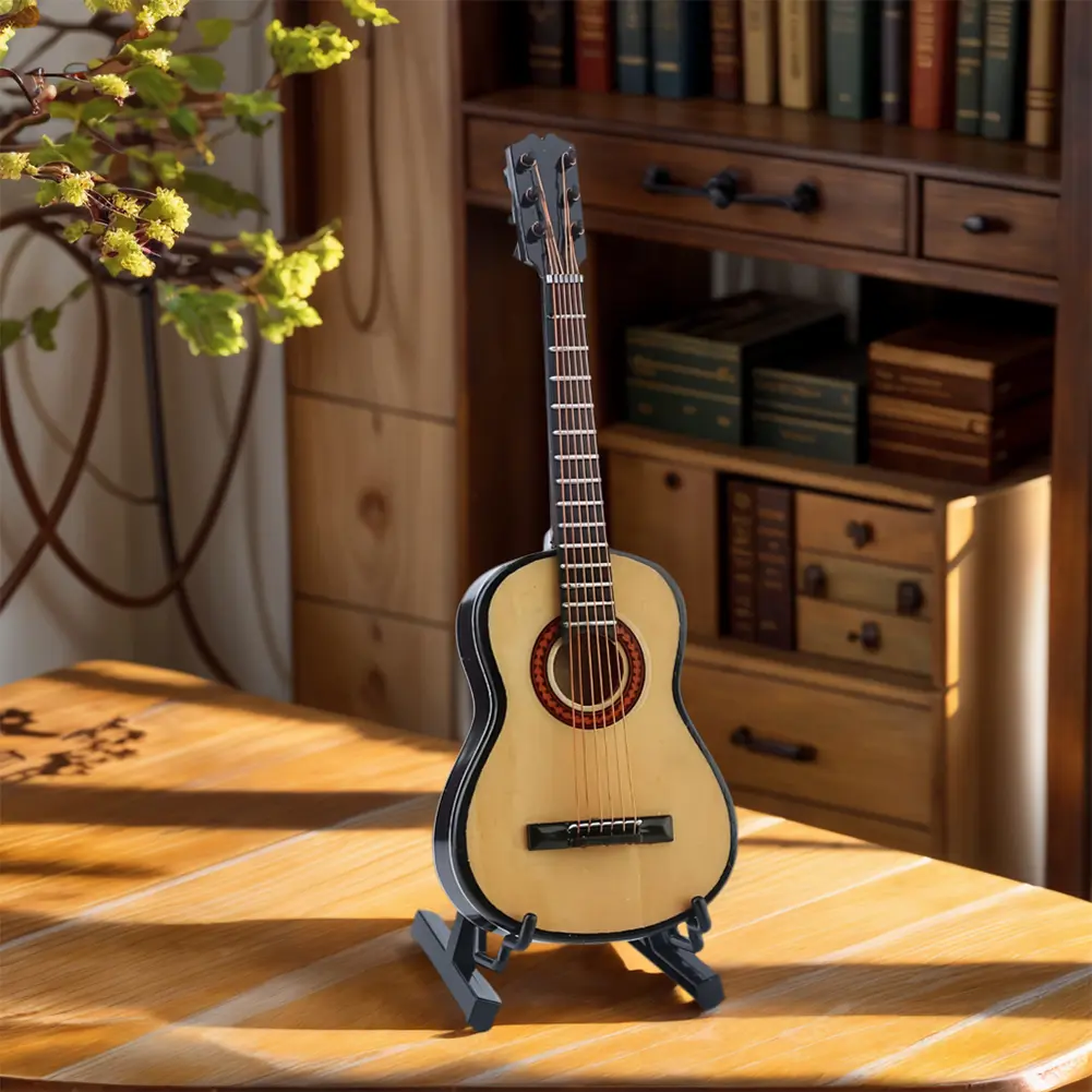 Wooden Miniature Guitar Model with Support Wooden Decorative Ornament Musical Instrument Replica Home Decor Guitar Lovers Gifts