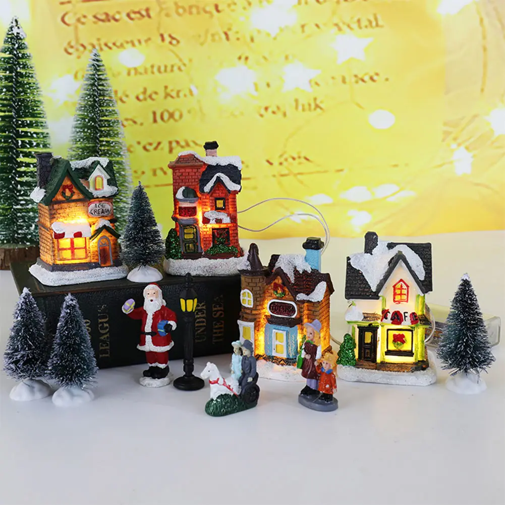 12 Pcs Mini Resin Christmas Village Houses Figurines Battery Operated Lighted LED Christmas Collectible Ornament Landscape Decor