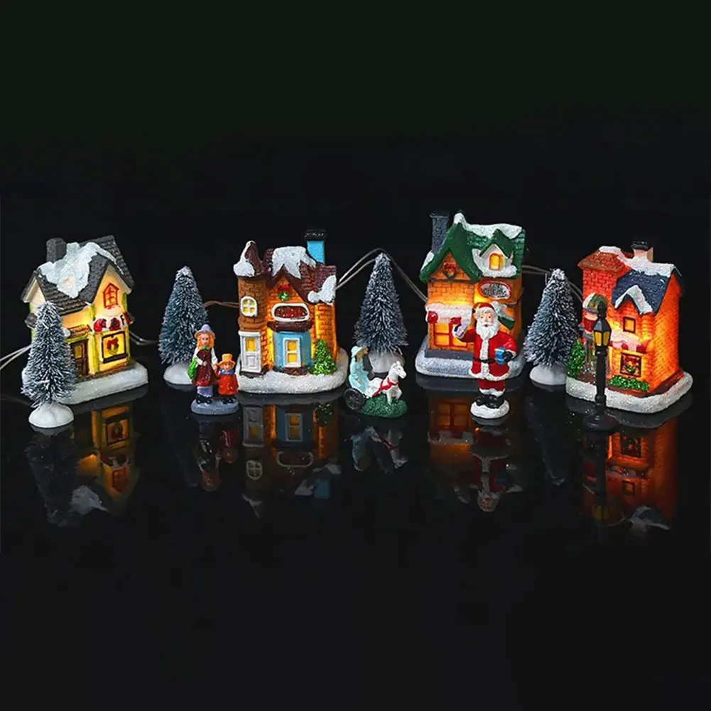 12 Pcs Mini Resin Christmas Village Houses Figurines Battery Operated Lighted LED Christmas Collectible Ornament Landscape Decor