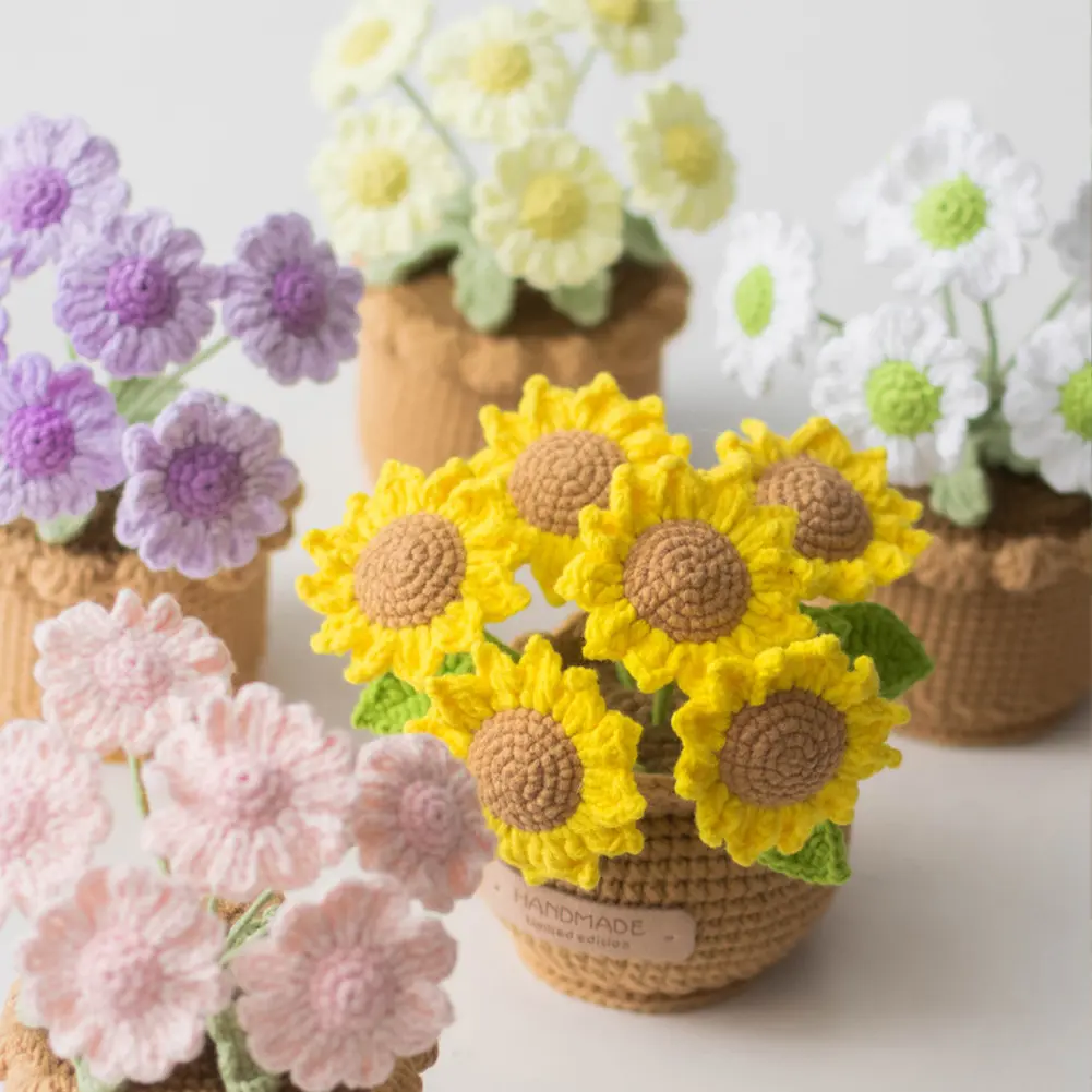 Finished Handmade Crochet Flower Hand Knitted Potted Plants Crochet Faux Flower DIY Crochet Flowers Home Car Decor Unique Gifts