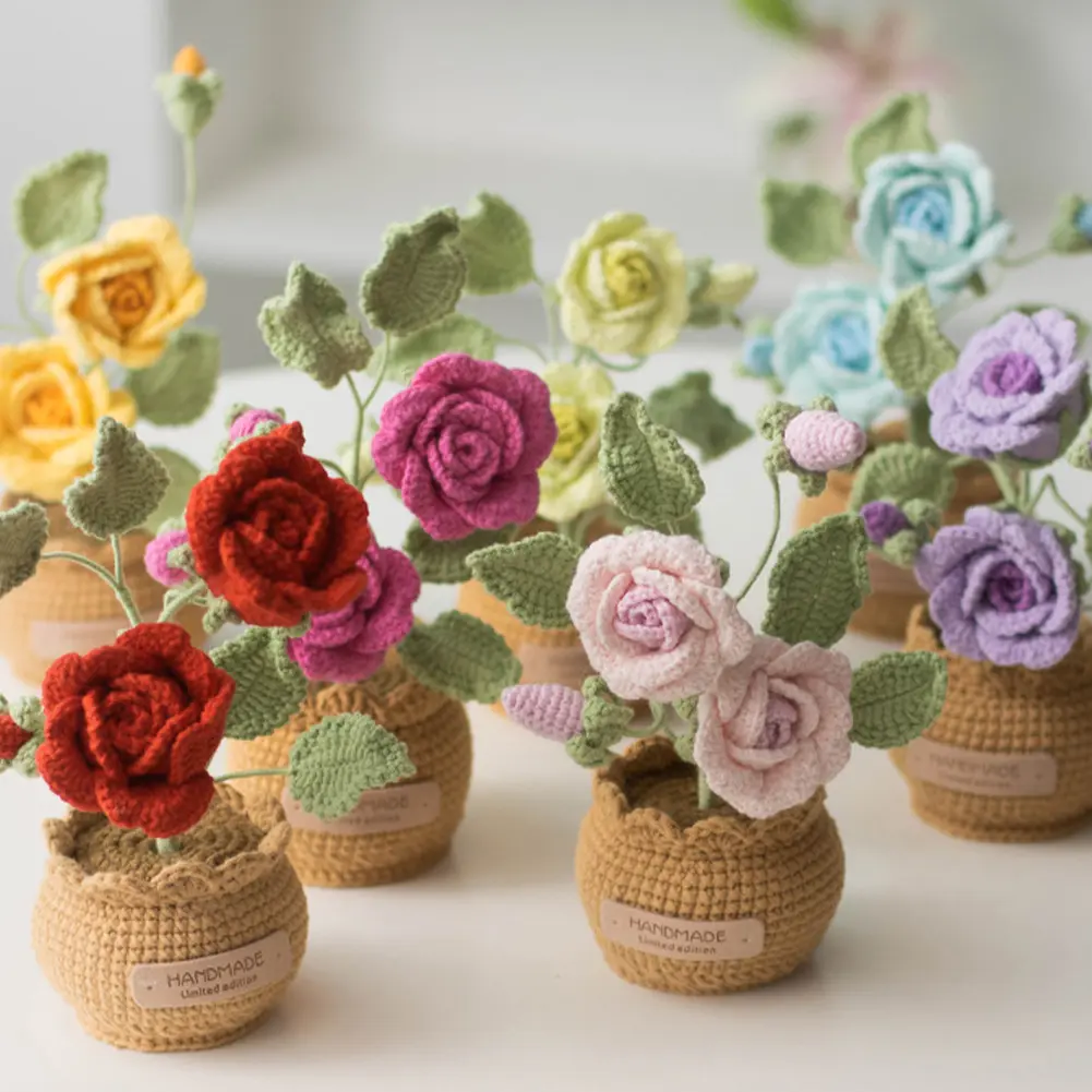 Finished Handmade Crochet Flower Hand Knitted Potted Plants Crochet Faux Flower DIY Crochet Flowers Home Car Decor Unique Gifts