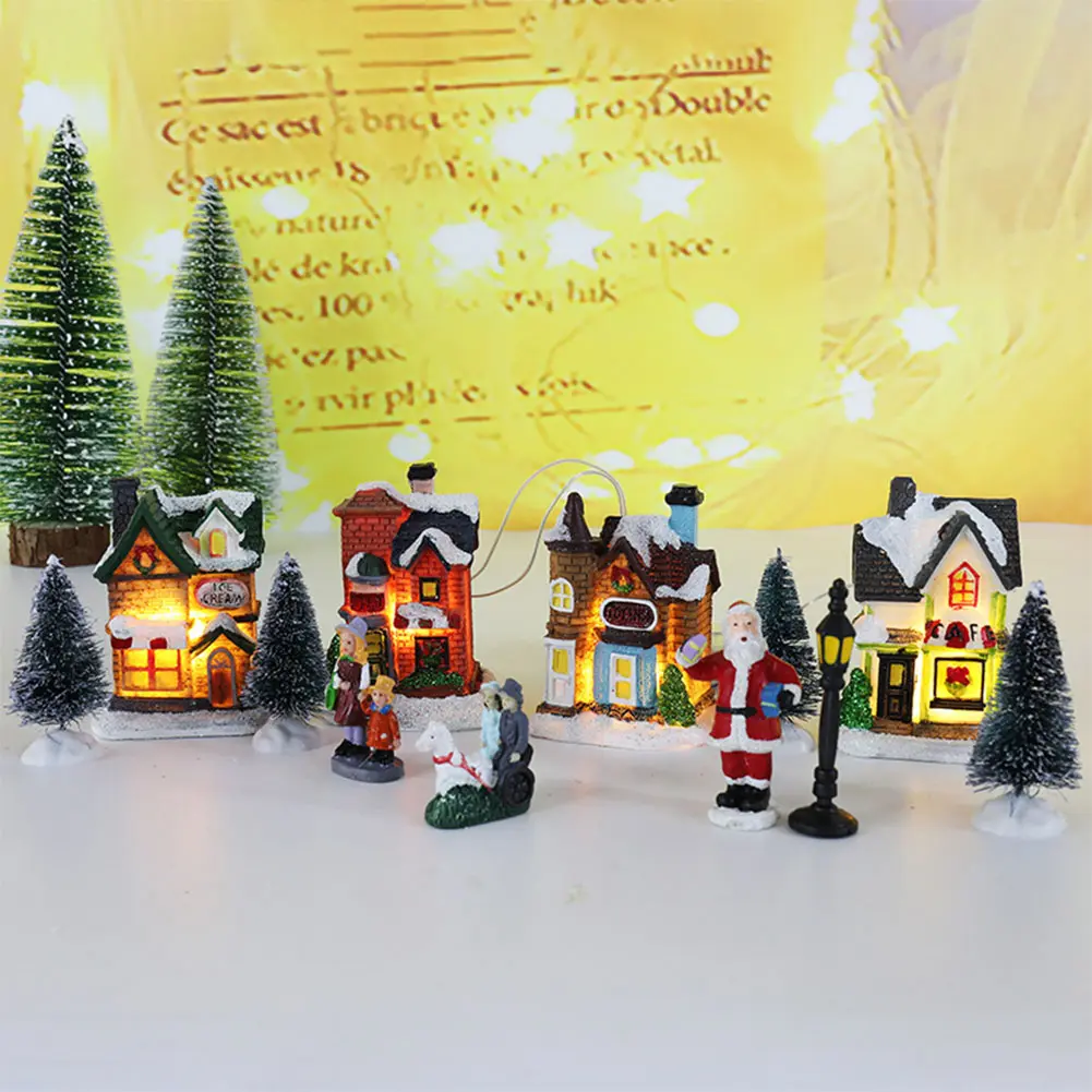 12 Pcs Mini Resin Christmas Village Houses Figurines Battery Operated Lighted LED Christmas Collectible Ornament Landscape Decor