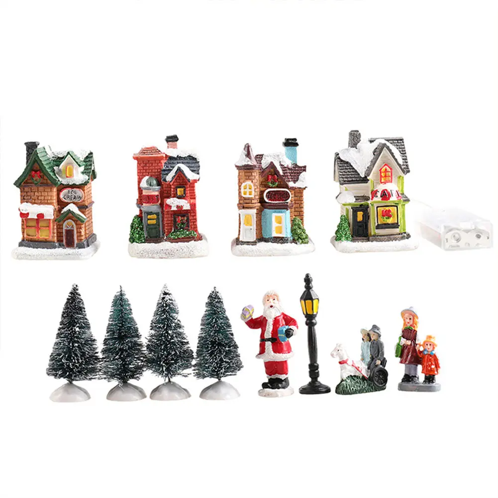 12 Pcs Mini Resin Christmas Village Houses Figurines Battery Operated Lighted LED Christmas Collectible Ornament Landscape Decor