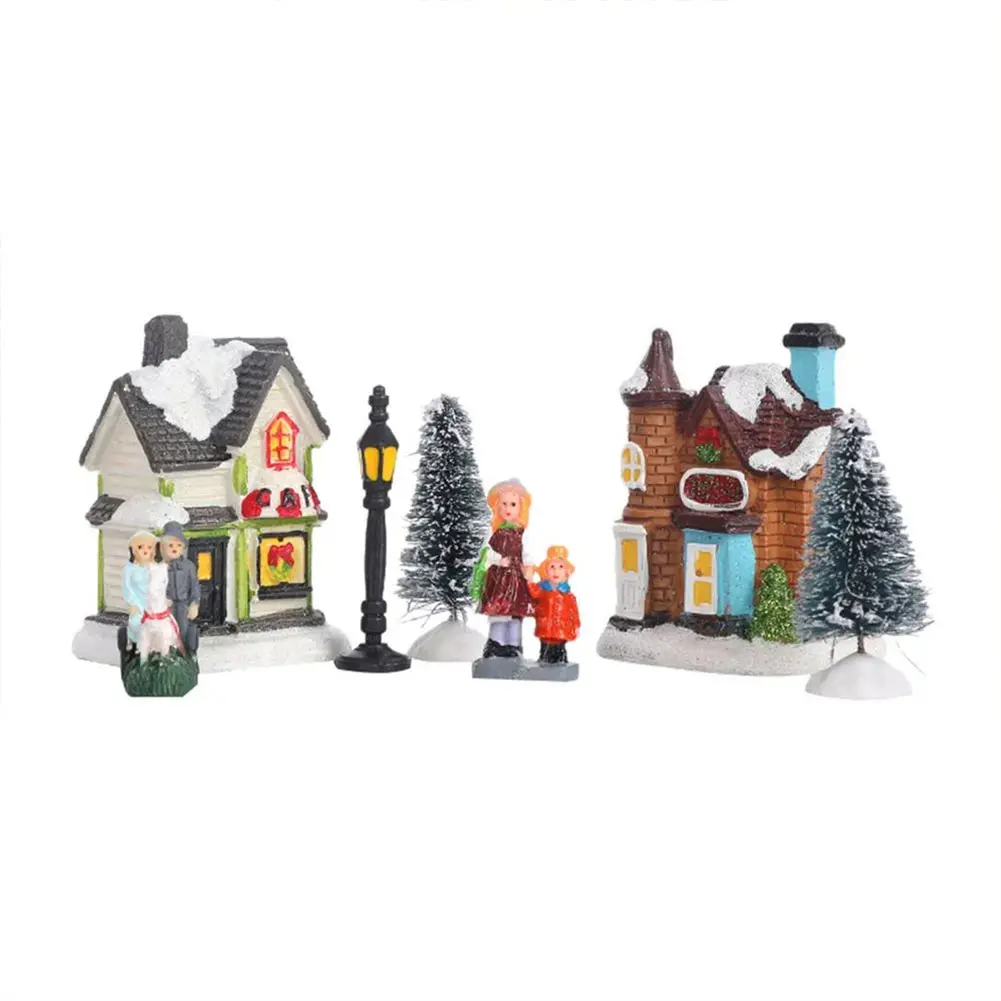 12 Pcs Mini Resin Christmas Village Houses Figurines Battery Operated Lighted LED Christmas Collectible Ornament Landscape Decor