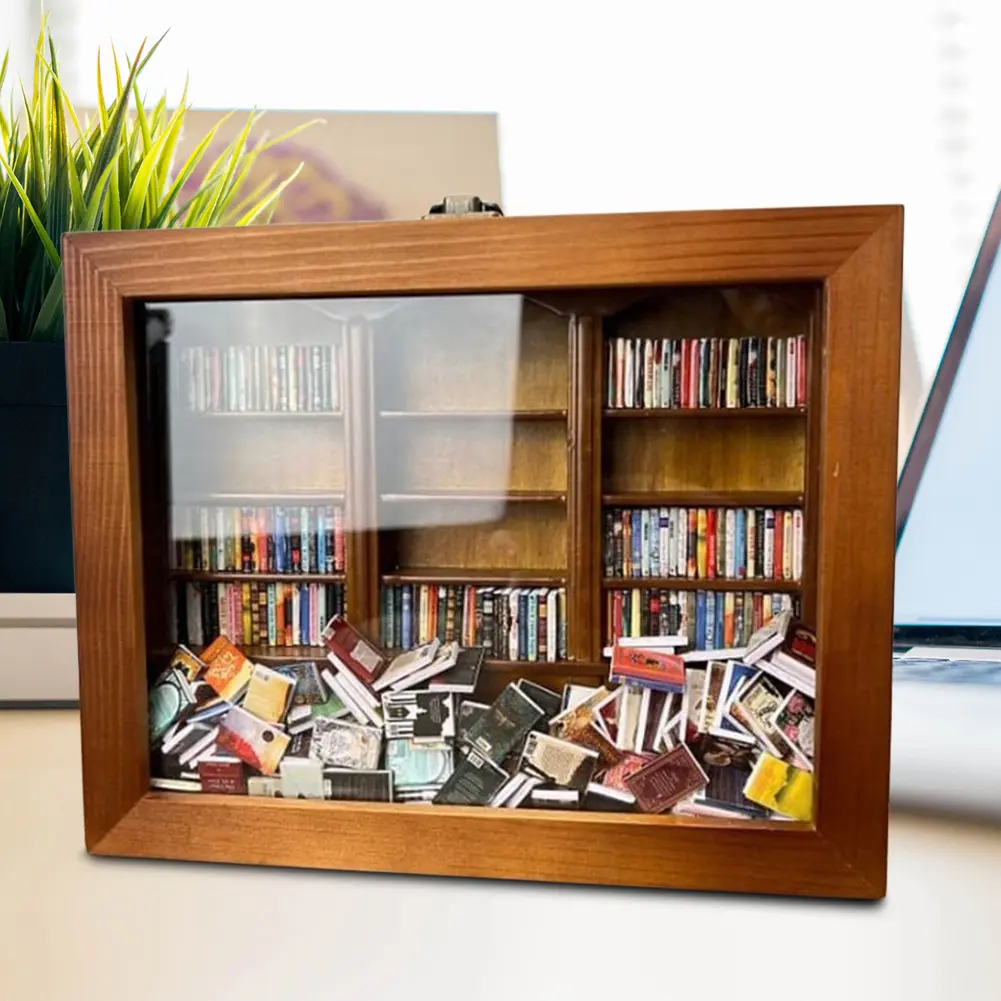 Creative Anti-Anxiety Bookshelf Ornaments Shake Away Your Anxiety Mini Anxiety Bookshelf Wooden Library Ornament for Book Lovers