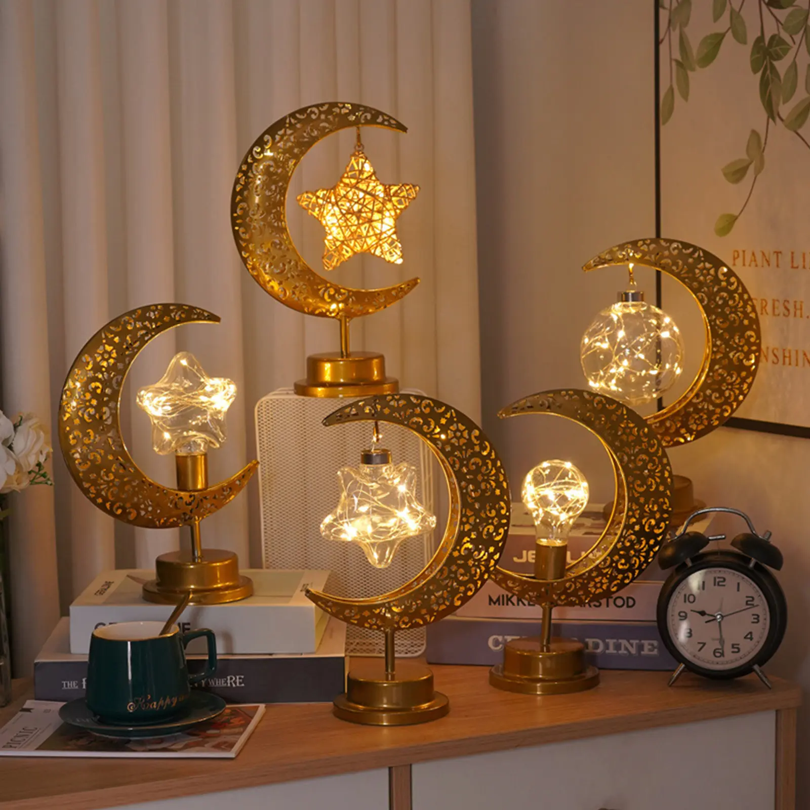 Ramadan Festival Atmosphere Lamp Wrought Iron Hollow Moon Eid Mubarak Decorative Lamps Ornaments Holiday Lighting Party Supplies