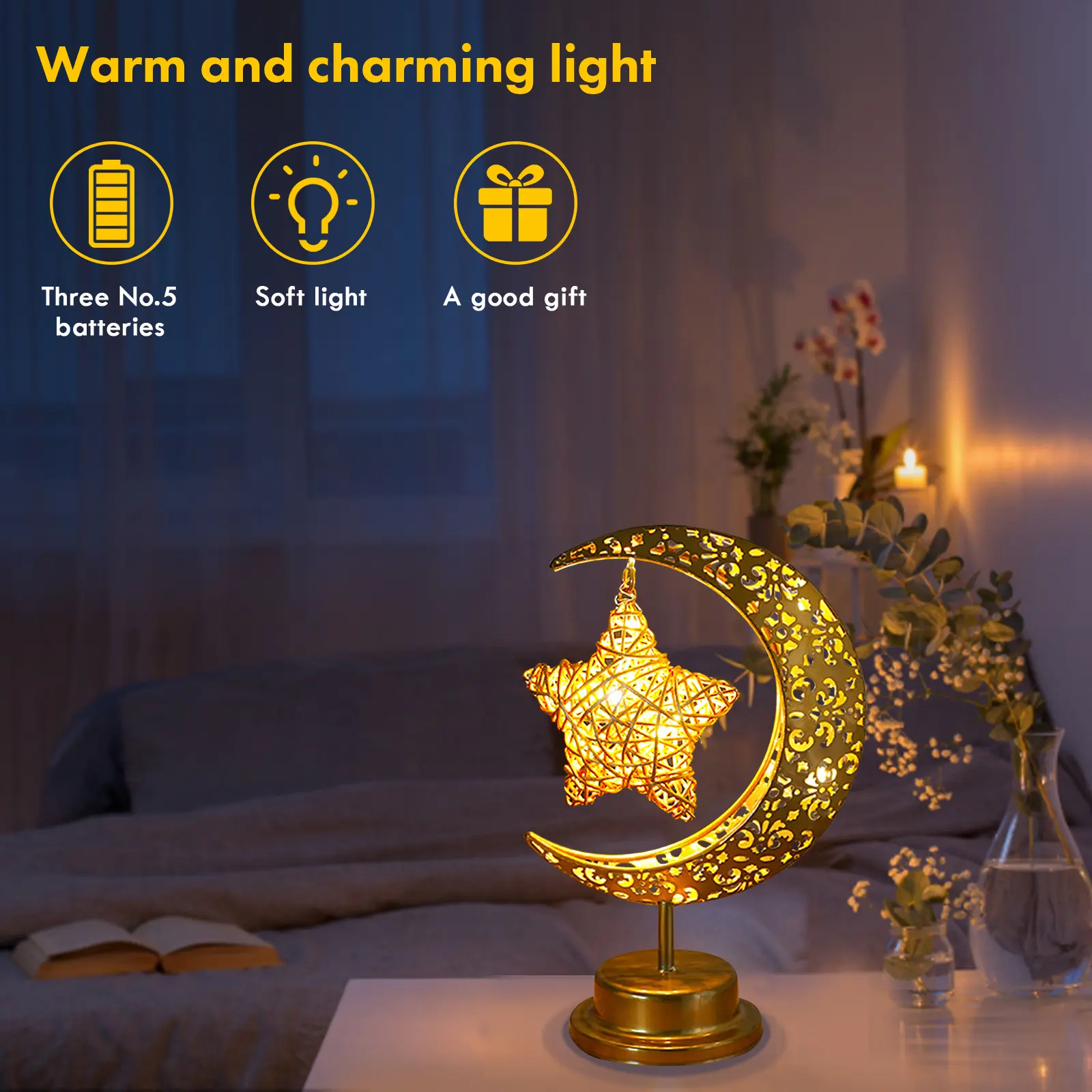 Ramadan Festival Atmosphere Lamp Wrought Iron Hollow Moon Eid Mubarak Decorative Lamps Ornaments Holiday Lighting Party Supplies