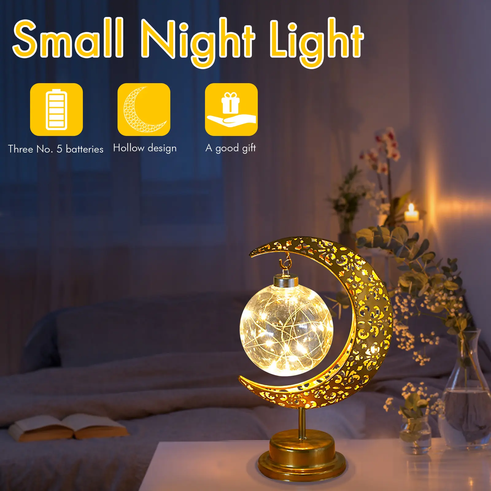 Ramadan Festival Atmosphere Lamp Wrought Iron Hollow Moon Eid Mubarak Decorative Lamps Ornaments Holiday Lighting Party Supplies