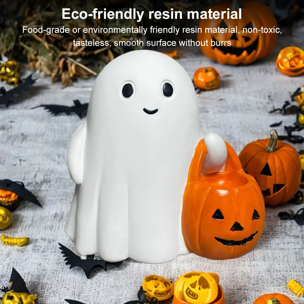 Glow in Dark Halloween Ghost Statue Decor Cute LED Resin Ghost Pumpkin Figurine Halloween Decor Halloween Party Props Ornaments