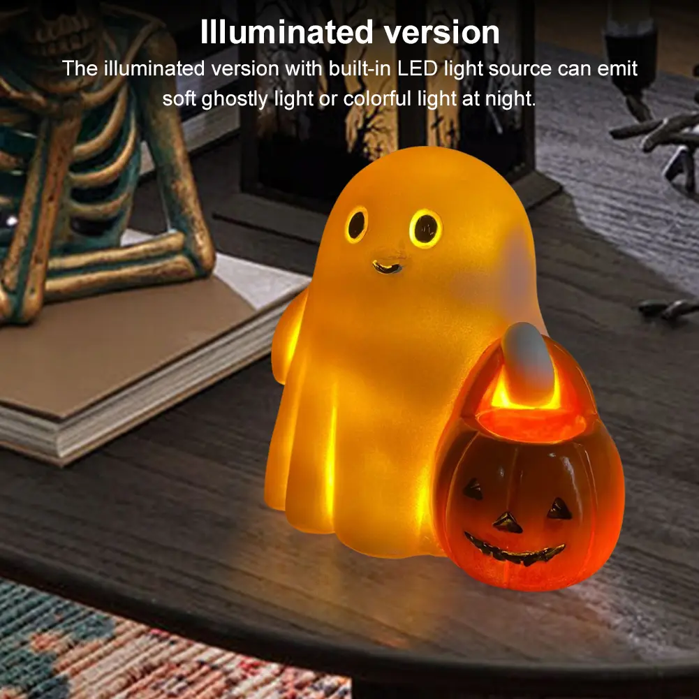 Glow in Dark Halloween Ghost Statue Decor Cute LED Resin Ghost Pumpkin Figurine Halloween Decor Halloween Party Props Ornaments