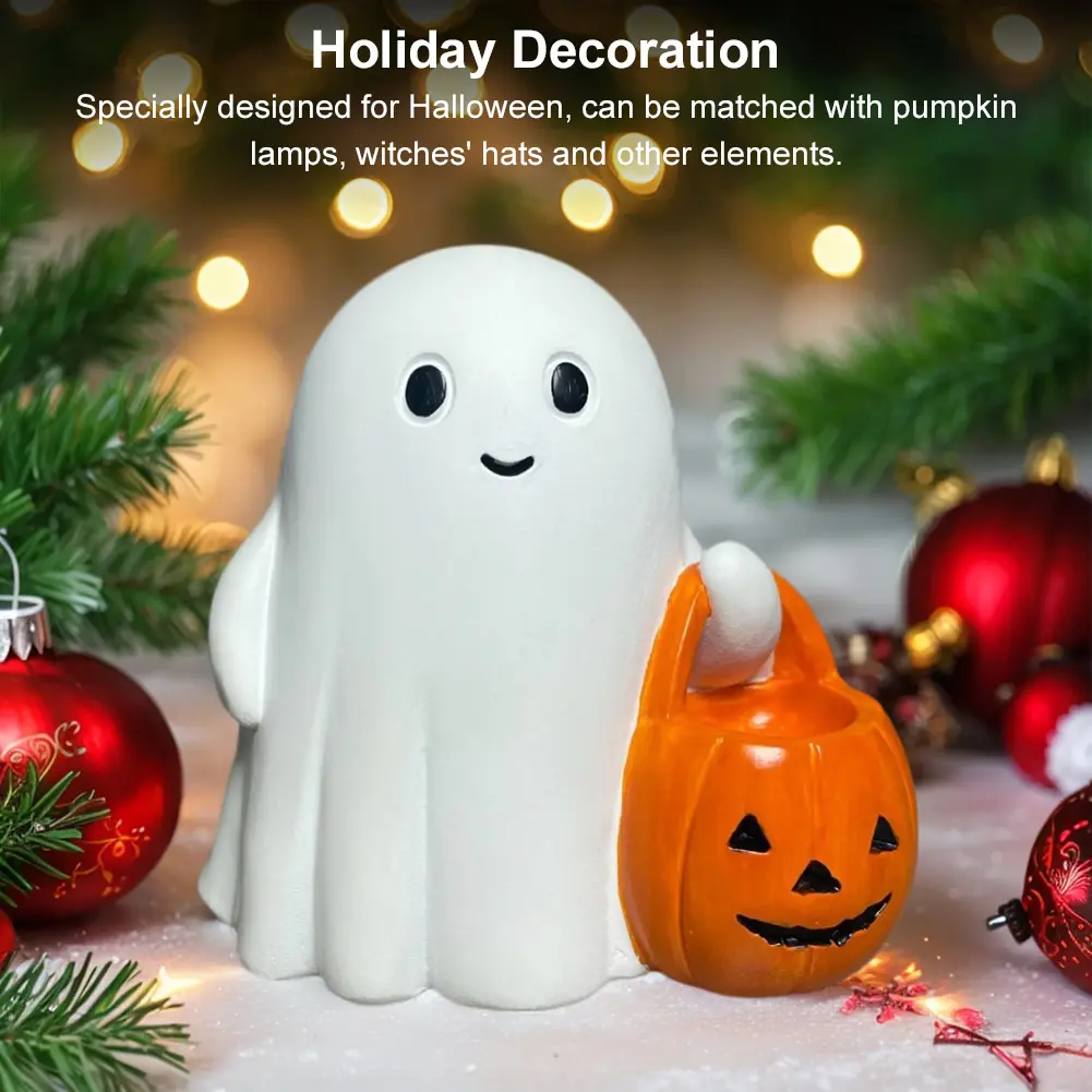 Glow in Dark Halloween Ghost Statue Decor Cute LED Resin Ghost Pumpkin Figurine Halloween Decor Halloween Party Props Ornaments