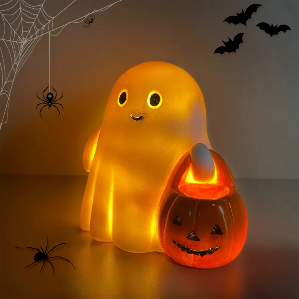 Glow in Dark Halloween Ghost Statue Decor Cute LED Resin Ghost Pumpkin Figurine Halloween Decor Halloween Party Props Ornaments