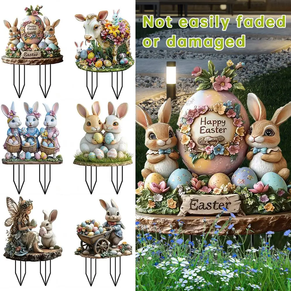 Easter Bunny Garden Stake Acrylic Easter Yard Sign 2D Flat Easter Lawn Stakes Outdoor Rabbit Sign Easter Decoration for Outdoors