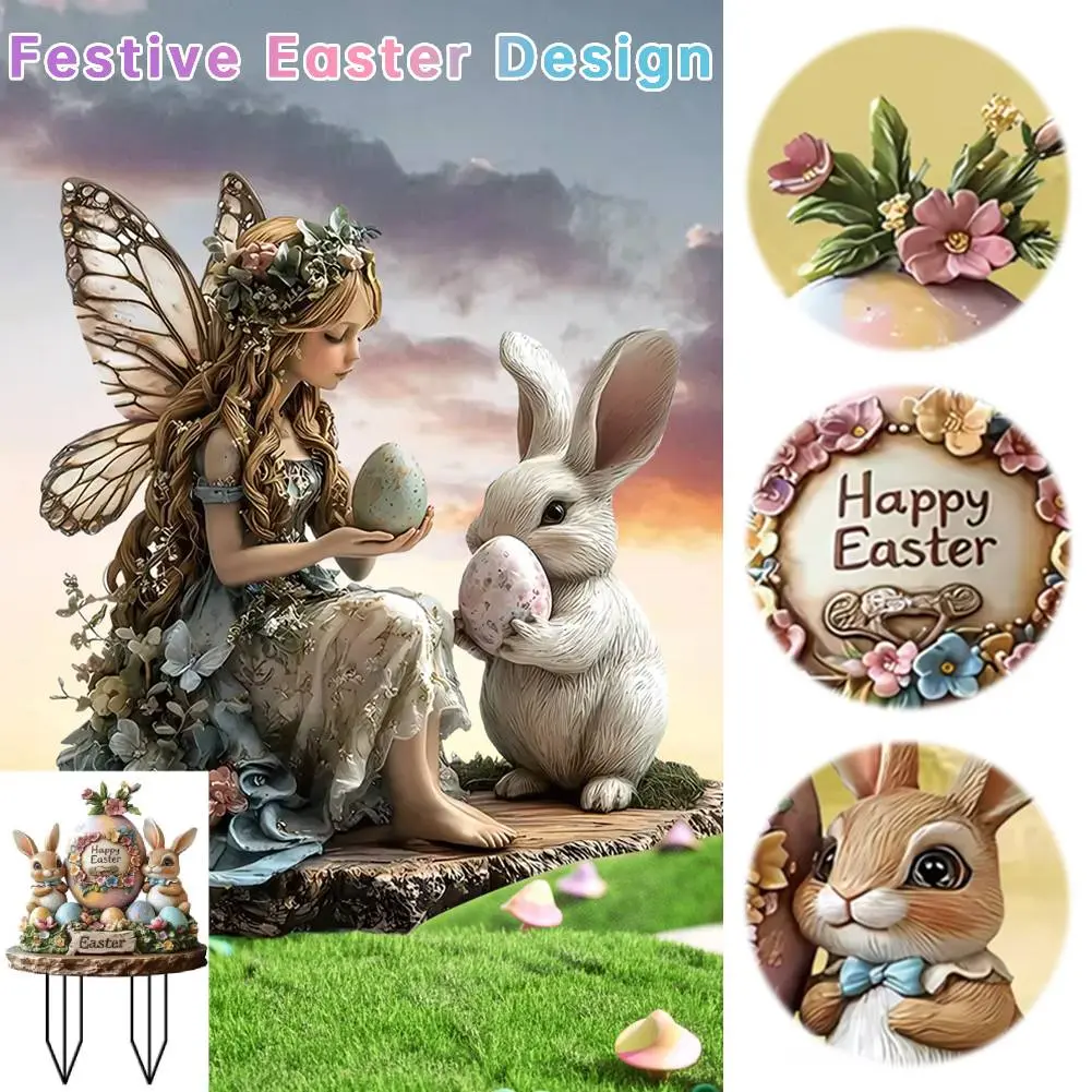 Easter Bunny Garden Stake Acrylic Easter Yard Sign 2D Flat Easter Lawn Stakes Outdoor Rabbit Sign Easter Decoration for Outdoors