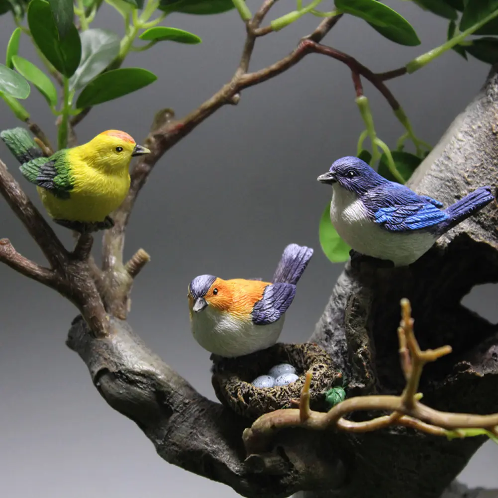 3Pcs Bird Figurines with Nest Bird Statues Decorative Bird Landscape Ornaments Simulation Bird Decoration for Micro Landscape