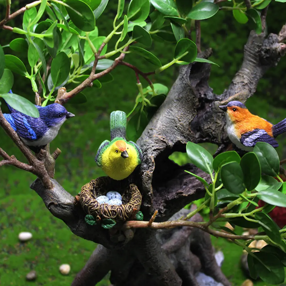 3Pcs Bird Figurines with Nest Bird Statues Decorative Bird Landscape Ornaments Simulation Bird Decoration for Micro Landscape