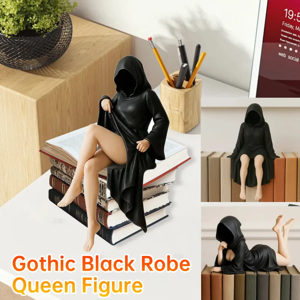 3D Mysterious Statue Gothic Black Robe Queen Figure Sculpture Masked Women Sitting Figure Bookshelf Sculpture Home Desktop Decor