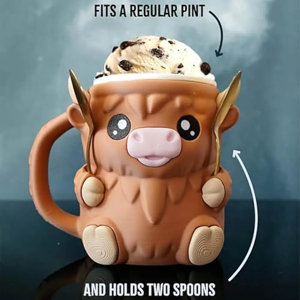 Highland Cow Ice Pint Holder Reusable 3D Printed Ice Cream Pint Containers with Snack Drawer & Handle Highland Cow Lovers Gifts