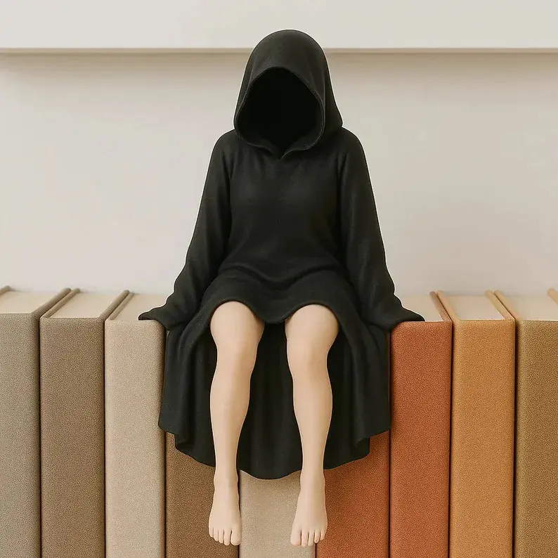 3D Mysterious Statue Gothic Black Robe Queen Figure Sculpture Masked Women Sitting Figure Bookshelf Sculpture Home Desktop Decor