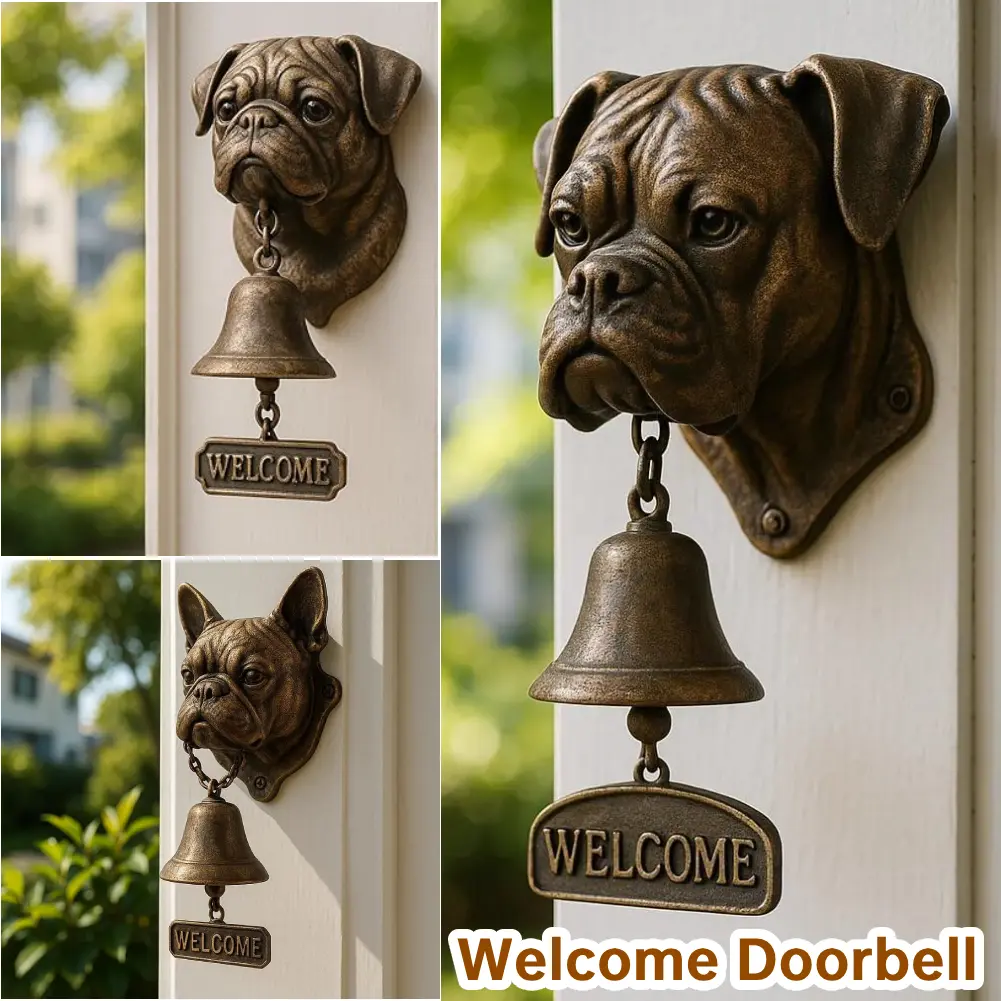 Retro Pug Welcome Doorbell Dog-Shaped Front Door Chime Bell Animal-Themed Dinner Bell Entry Wall & Door Decor with Loud Ringing