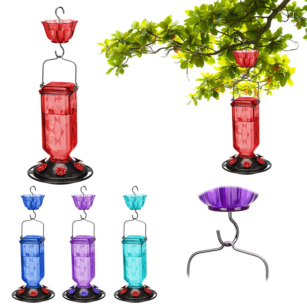 Plastic Hummingbird Feeders W/ 4 Bee Guard Ports & Ant Moat Humming Birds Feeders Humming Bird Water Feeder for Outdoors Hanging