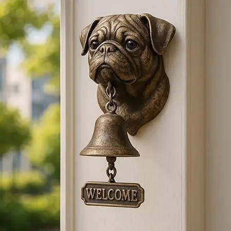 Retro Pug Welcome Doorbell Dog-Shaped Front Door Chime Bell Animal-Themed Dinner Bell Entry Wall & Door Decor with Loud Ringing