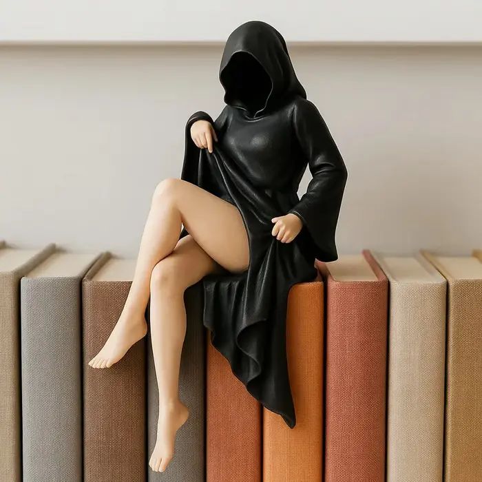 3D Mysterious Statue Gothic Black Robe Queen Figure Sculpture Masked Women Sitting Figure Bookshelf Sculpture Home Desktop Decor