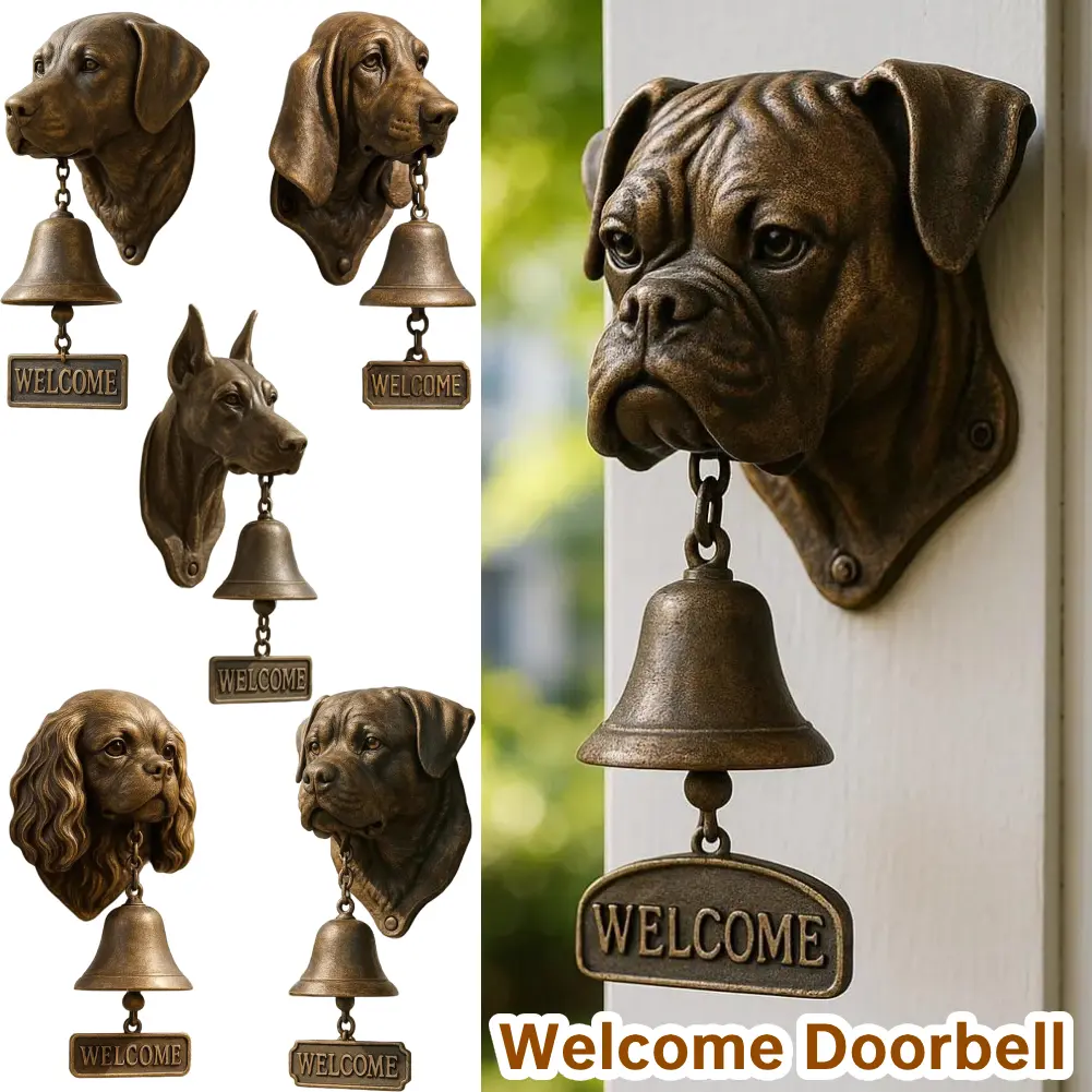 Retro Pug Welcome Doorbell Dog-Shaped Front Door Chime Bell Animal-Themed Dinner Bell Entry Wall & Door Decor with Loud Ringing