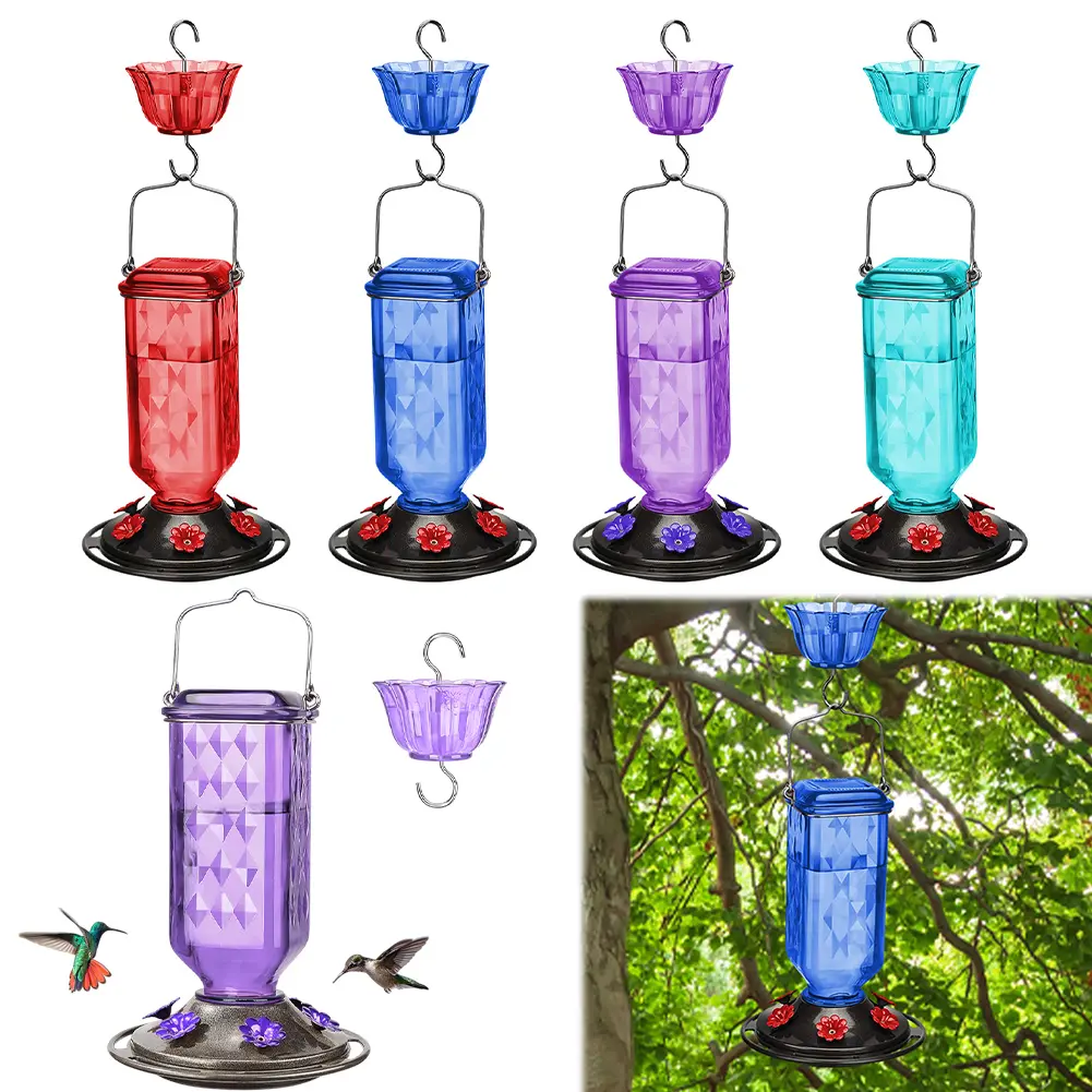 Plastic Hummingbird Feeders W/ 4 Bee Guard Ports & Ant Moat Humming Birds Feeders Humming Bird Water Feeder for Outdoors Hanging