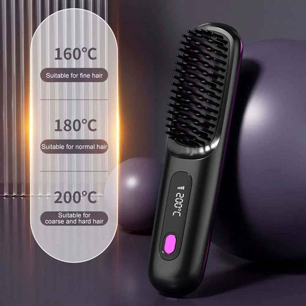LCD Cordless Hair Straightener Brush Anti-Scald Electric Hot Comb 3 Temp Settings USB Recharing Electric Hair Straightener Comb