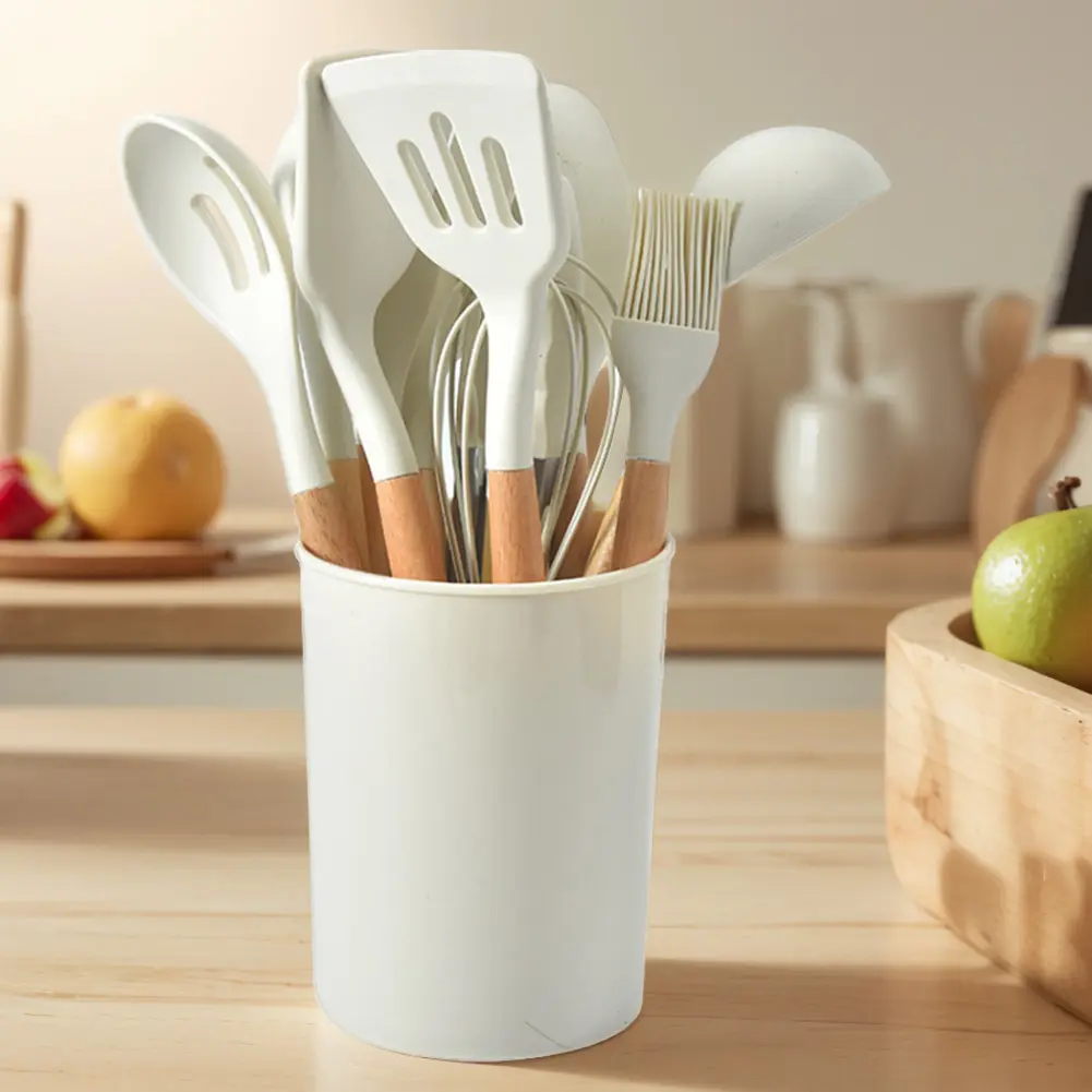 12Pcs Kitchen Utensil Set Silicone Spatula Set Wooden Handle Heat-Resistant Cookware Spatula Spoon Brush Whisk Kitchen Supplies