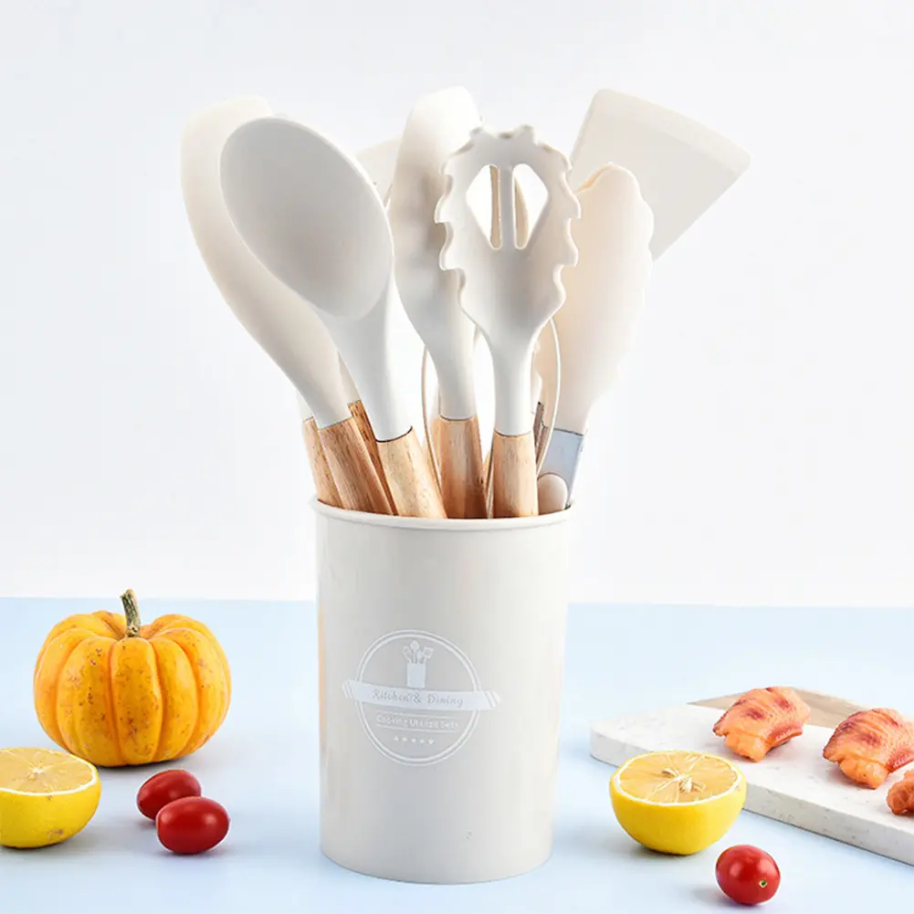 12Pcs Kitchen Utensil Set Silicone Spatula Set Wooden Handle Heat-Resistant Cookware Spatula Spoon Brush Whisk Kitchen Supplies