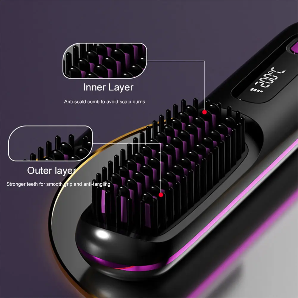 LCD Cordless Hair Straightener Brush Anti-Scald Electric Hot Comb 3 Temp Settings USB Recharing Electric Hair Straightener Comb