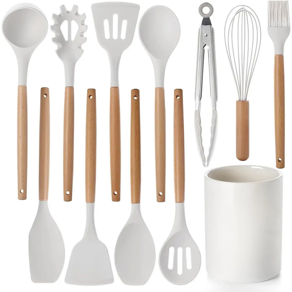 12Pcs Kitchen Utensil Set Silicone Spatula Set Wooden Handle Heat-Resistant Cookware Spatula Spoon Brush Whisk Kitchen Supplies
