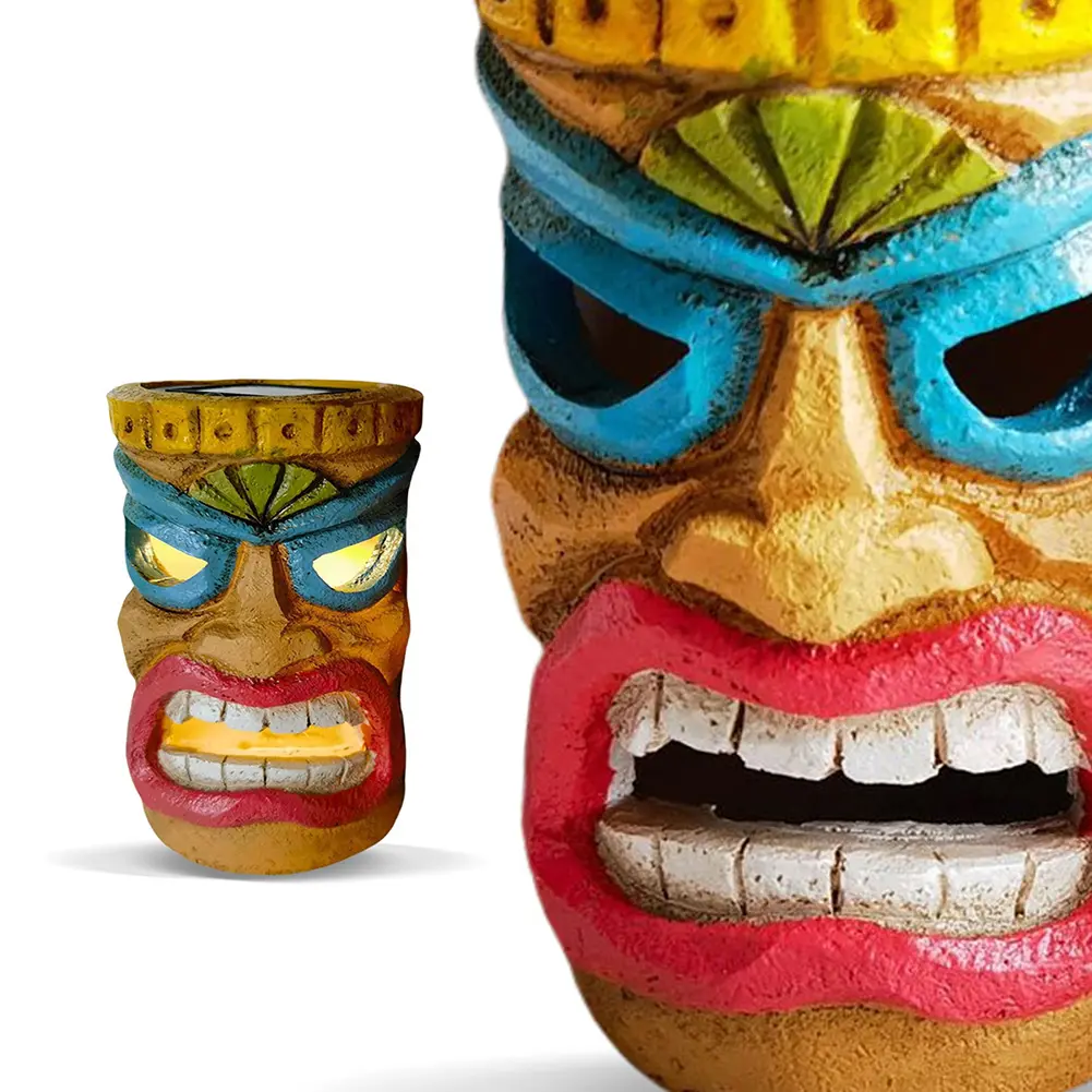 Tiki Head Garden Decor with Solar Outdoor Light Solar Powered Tiki Figurine Hawaiian Tiki Ornament Patio Pool Yard Summer Decor