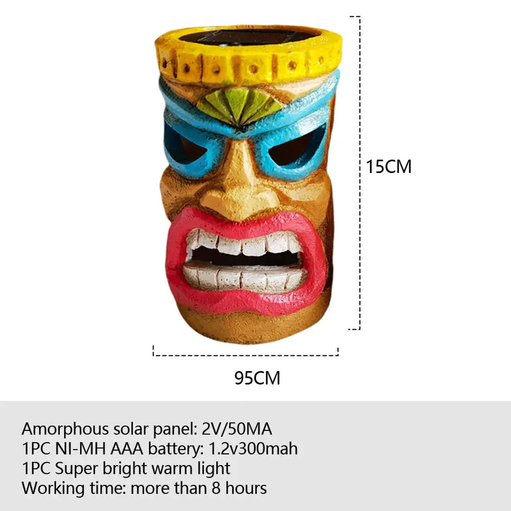 Tiki Head Garden Decor with Solar Outdoor Light Solar Powered Tiki Figurine Hawaiian Tiki Ornament Patio Pool Yard Summer Decor