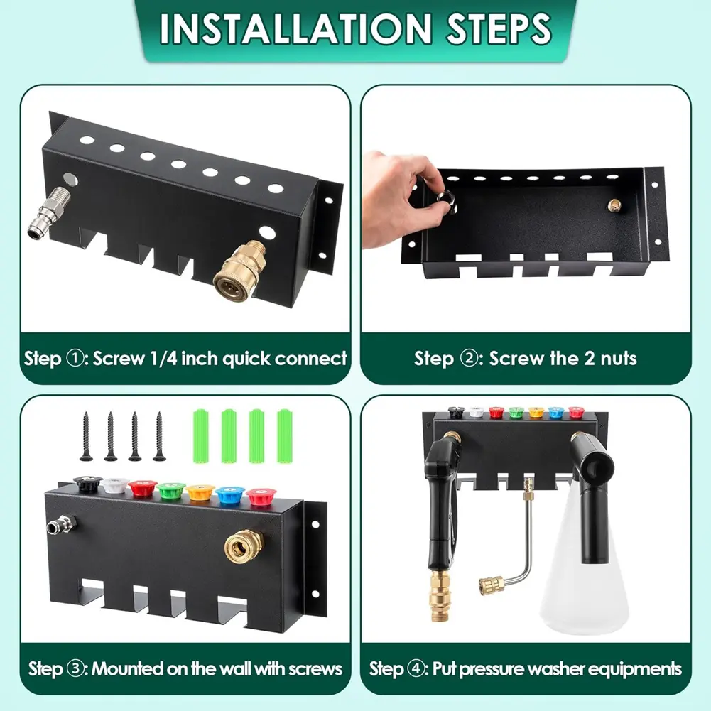 Pressure Washer Gun Holder Fit 1/4 Quick Connector Nozzle Tip and Wand Extension Storage Rack Wall Mounted Foam Cannon Holder