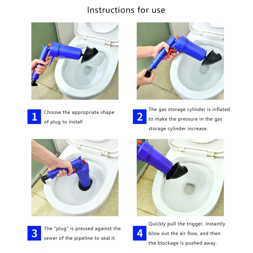 Air Power Pipe Plunger with 4 Sized Suckers Pipe Dredge Tool Drain Cleaner Pump for Kitchen Bathroom Dredge Pipe