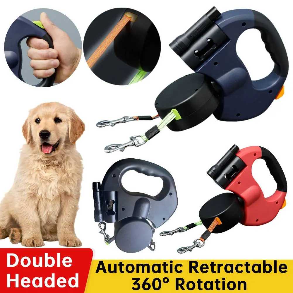 Double Headed Dog Leash Traction Rope 360 Degree Swivel Dual Pet Leash with LED Light Retractable Dog Leash for 2 Dogs