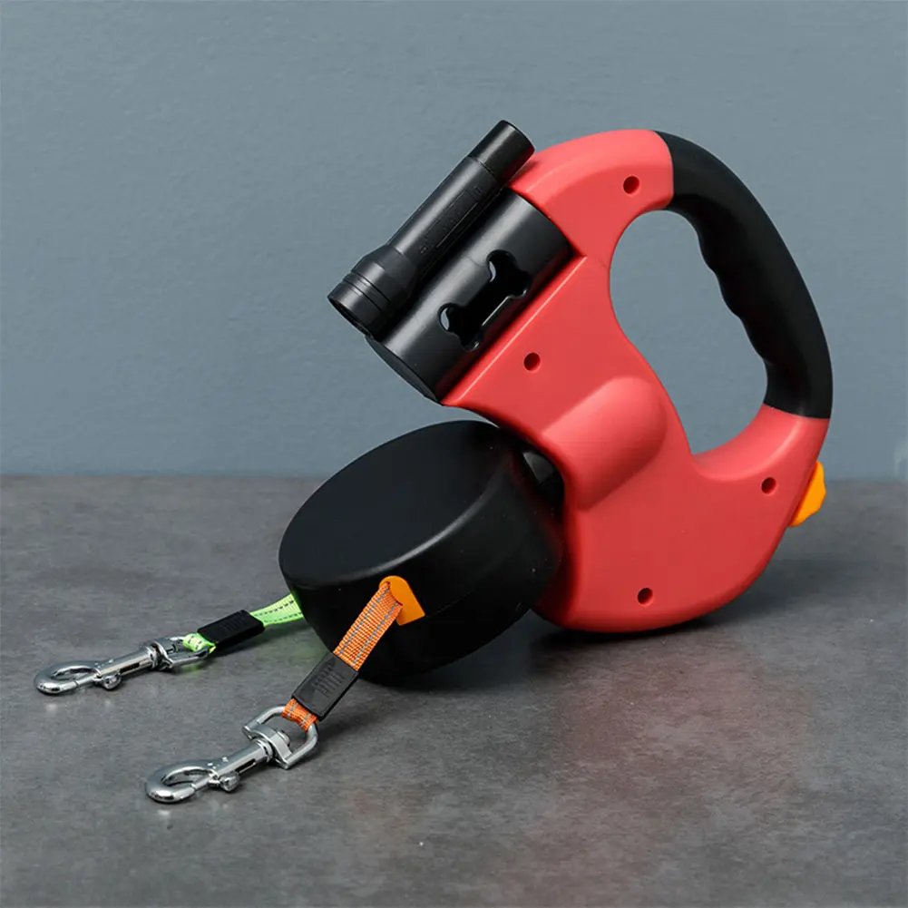 Double Headed Dog Leash Traction Rope 360 Degree Swivel Dual Pet Leash with LED Light Retractable Dog Leash for 2 Dogs