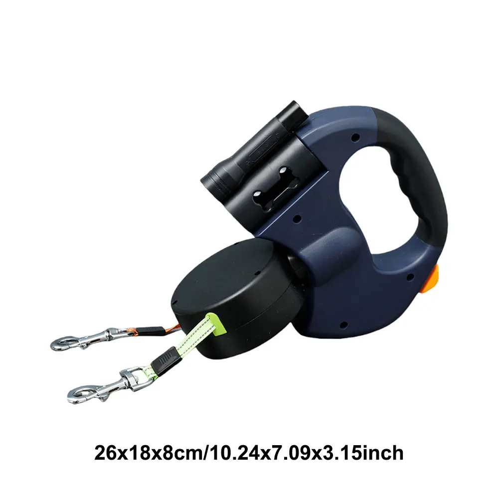 Double Headed Dog Leash Traction Rope 360 Degree Swivel Dual Pet Leash with LED Light Retractable Dog Leash for 2 Dogs