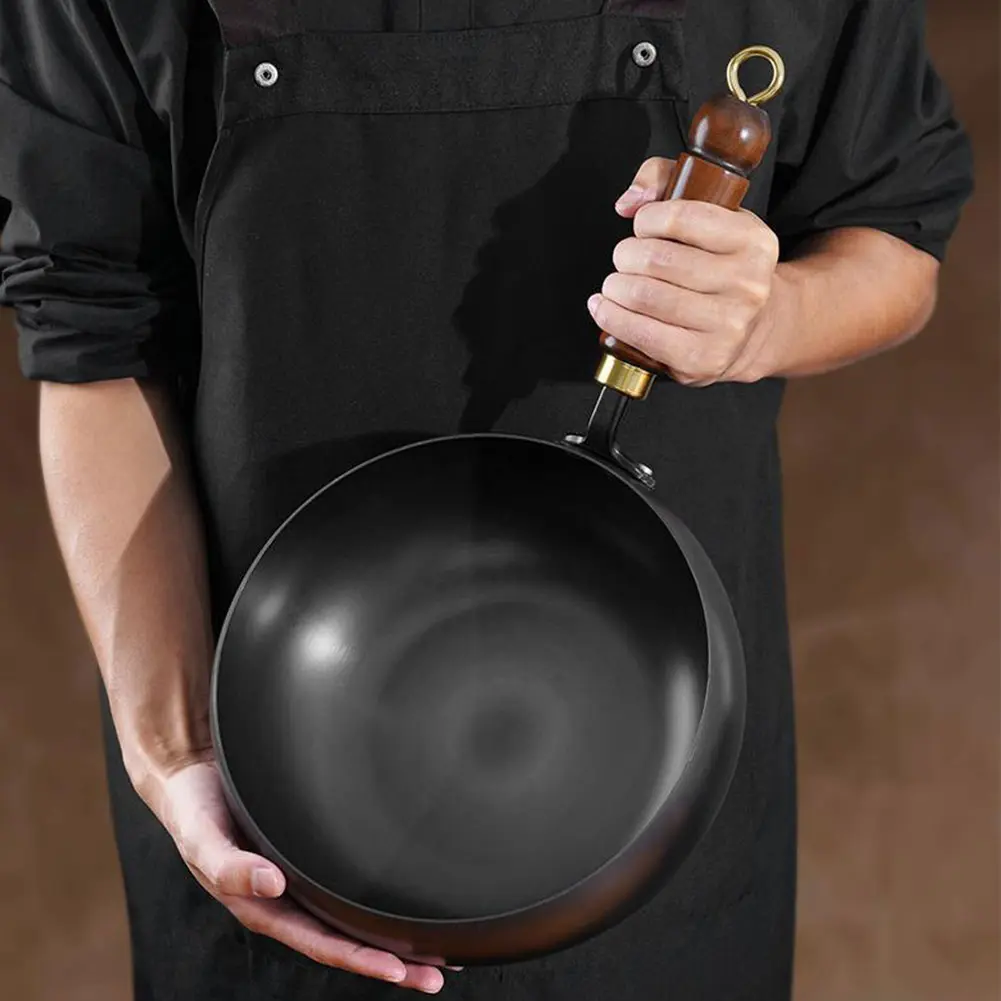 Chinese Wok Big Belly Pot with Wooden Handle & Lid 20/24/28CM Household Non-stick Frying Pan Flat Bottom Iron Pot for Kitchen Us