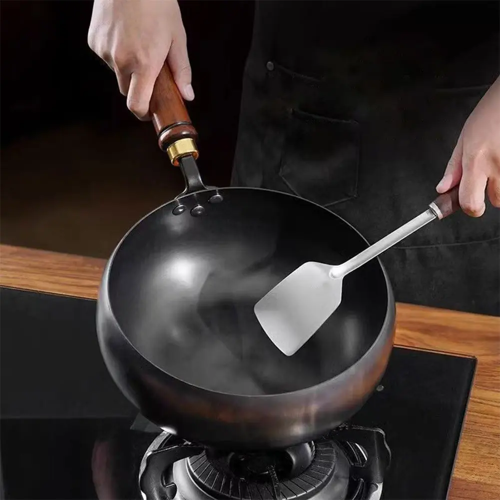 Chinese Wok Big Belly Pot with Wooden Handle & Lid 20/24/28CM Household Non-stick Frying Pan Flat Bottom Iron Pot for Kitchen Us