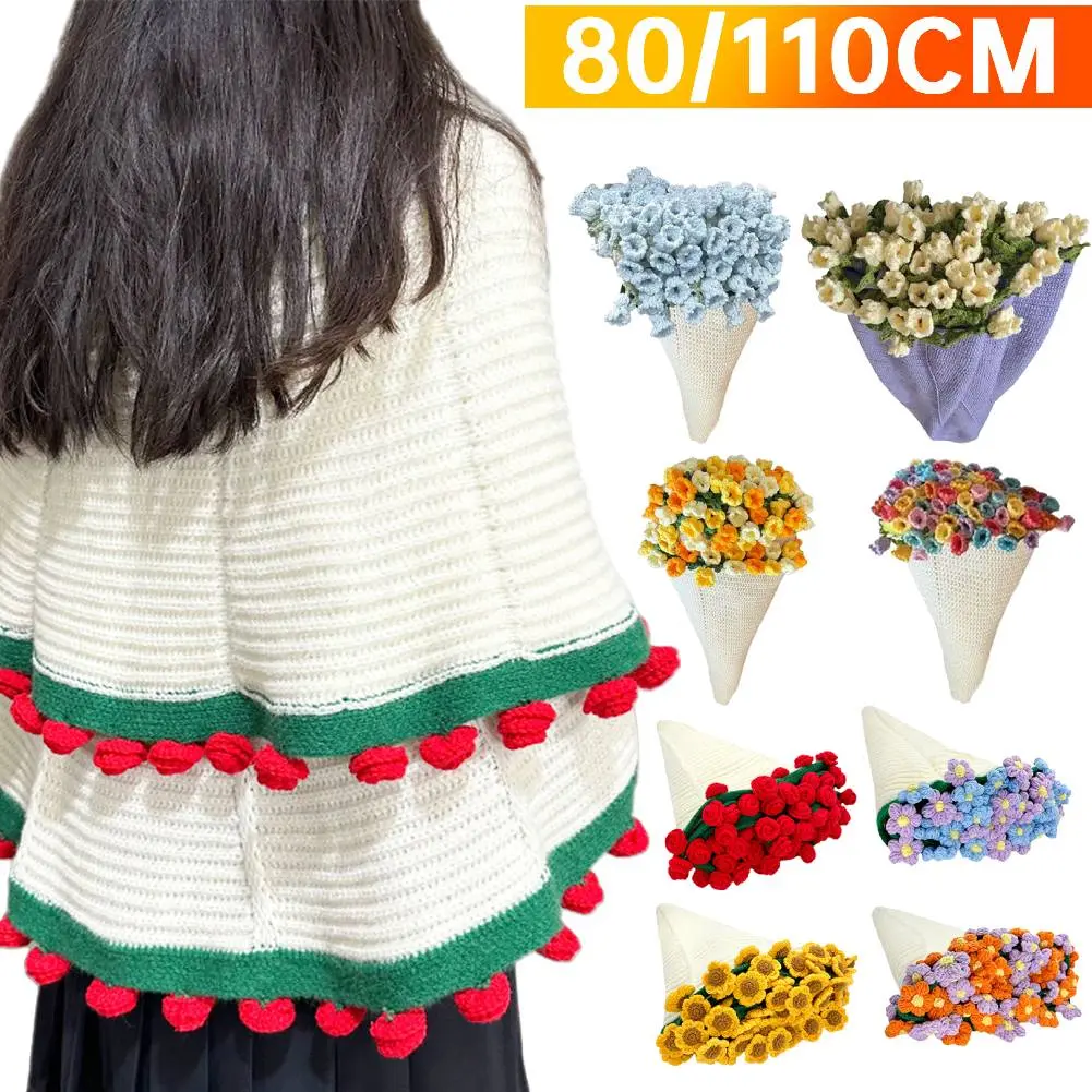 80/110CM Rose Bouquet Blankets Wear Resist Handmade Crocheted Blanket Hand Knitted Rose Blanket for Home Office Napping Blanket