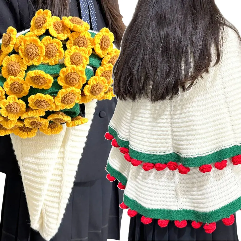 80/110CM Rose Bouquet Blankets Wear Resist Handmade Crocheted Blanket Hand Knitted Rose Blanket for Home Office Napping Blanket
