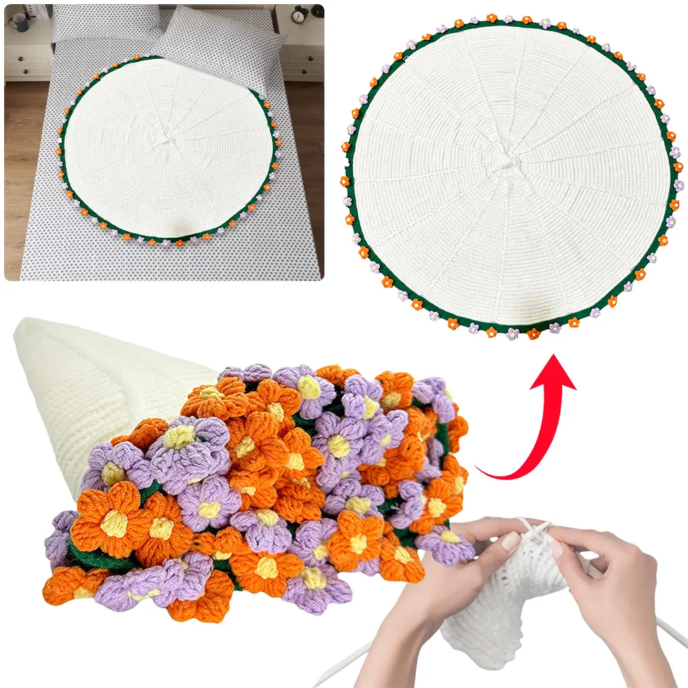 80/110CM Rose Bouquet Blankets Wear Resist Handmade Crocheted Blanket Hand Knitted Rose Blanket for Home Office Napping Blanket
