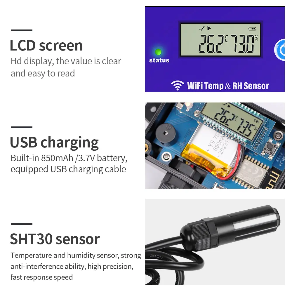 WiFi Temperature Humidity Transmitter Remote Monitoring Temperature And Humidity Sensor Data Logger Upper and Lower Limit Alarms
