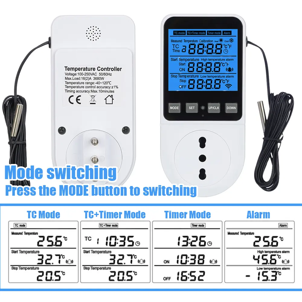 Thermostat Timing Socket Multi-Function Temperature Controller Outlet With Timer Switch Sensor Probe Heating Cool Regulator